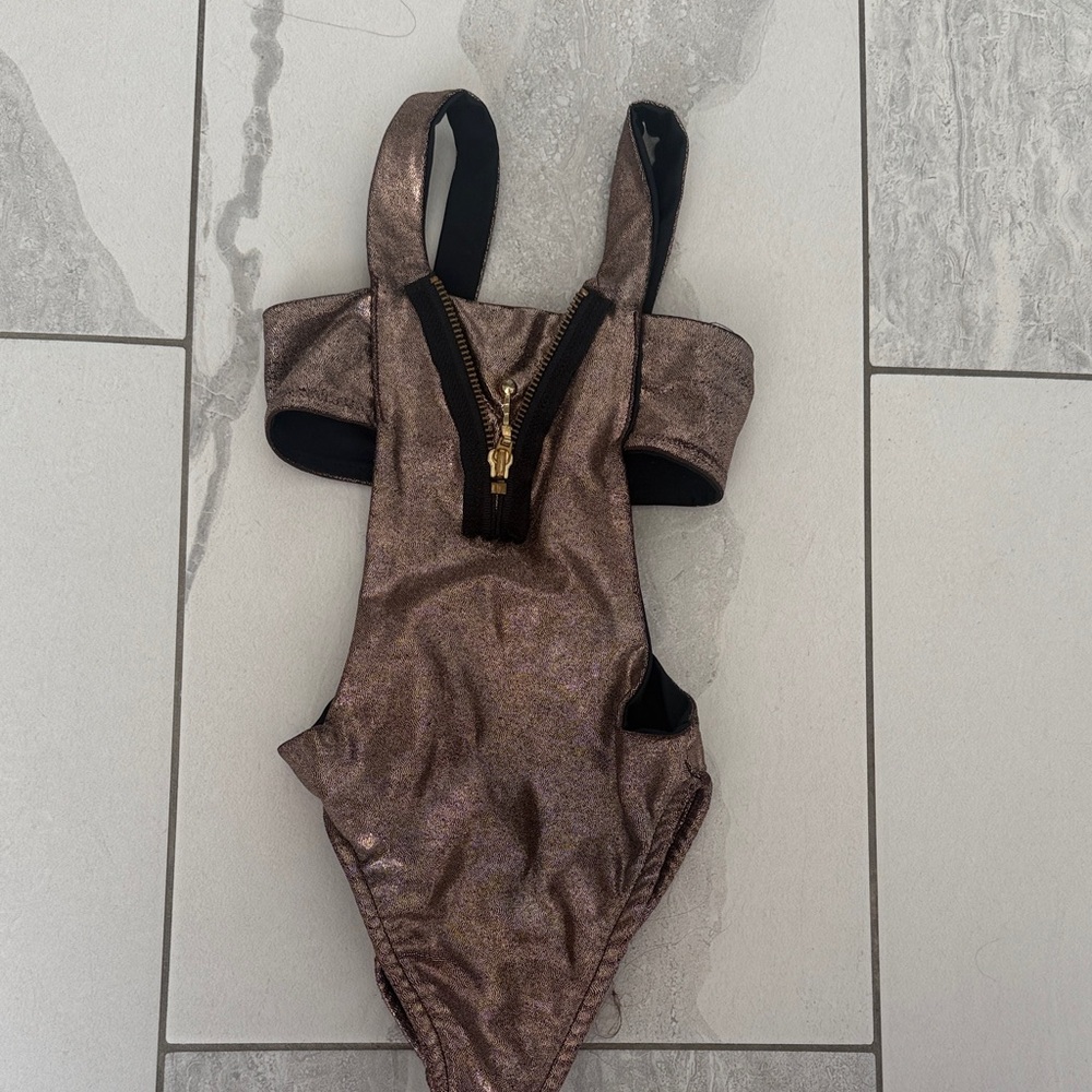 Les Tout Petits Kids Metallic Bronze One-Piece Swimsuit with Front Zip